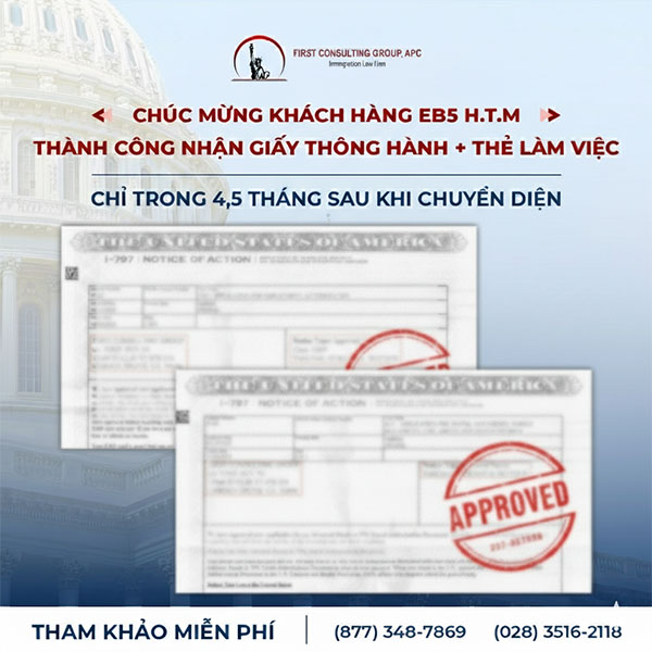 Chúc mừng khách hàng EB5 H-T-M thành công nhận giấy thông hành + thẻ làm việc chỉ trong 4,5 tháng sau khi chuyển diện