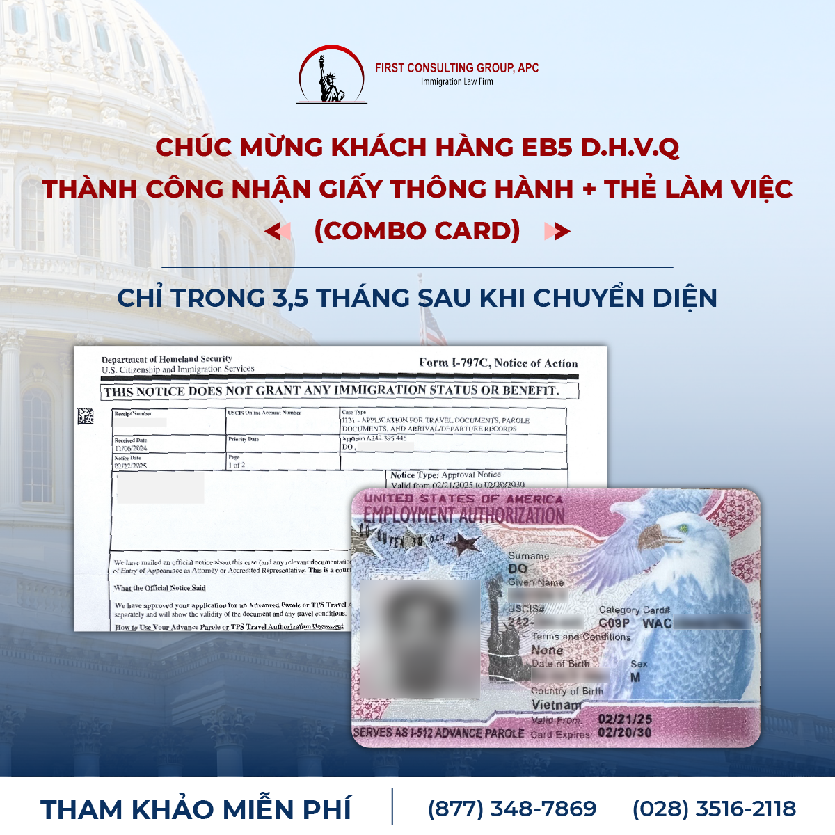 Chúc mừng khách hàng EB5 D.H.V.Q thành công nhận giấy thông hành + thẻ làm việc (combo card) chỉ trong 3,5 tháng sau khi chuyển diện