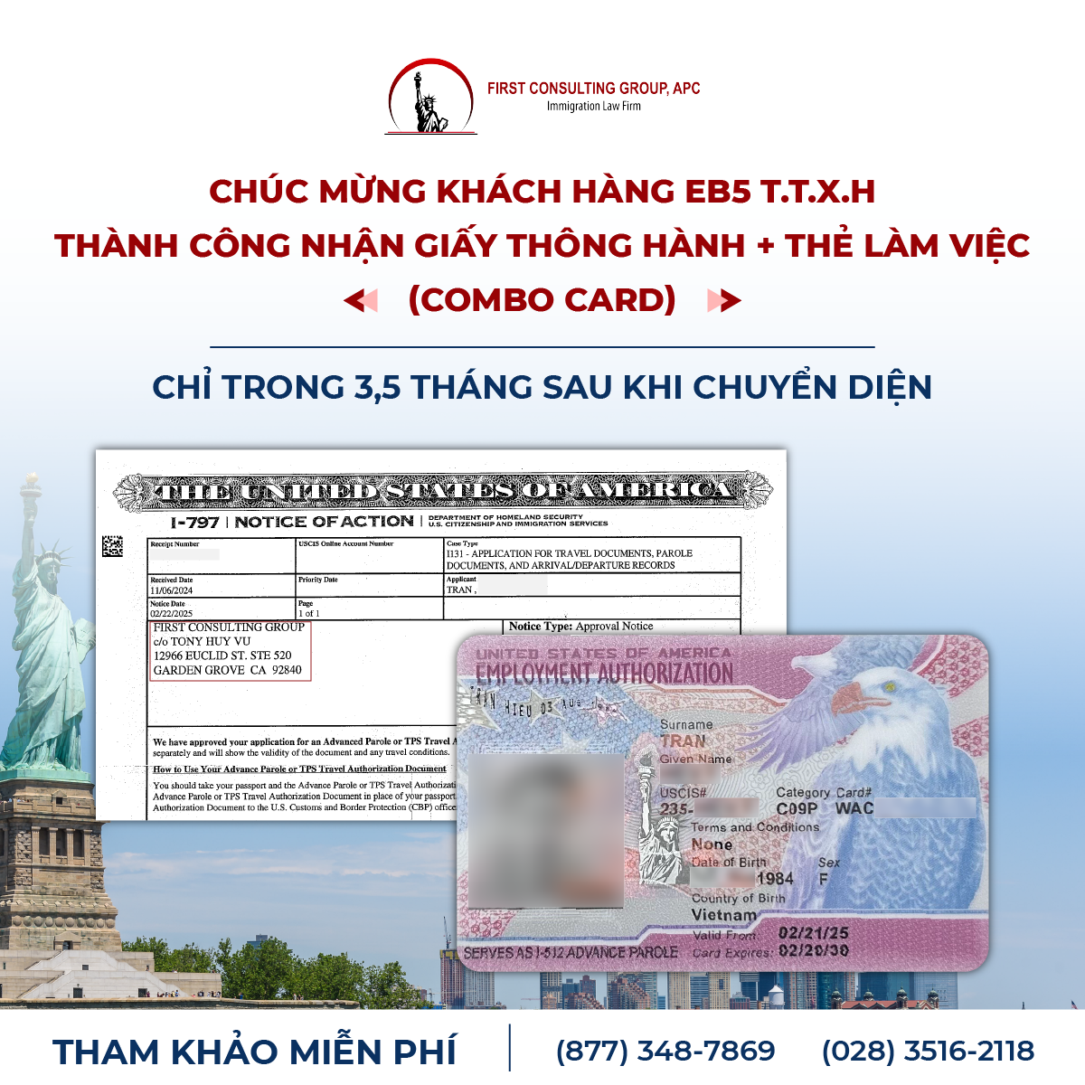 Chúc mừng khách hàng EB5 T-T-X-H thành công nhận giấy thông hành + thẻ làm việc (combo card) chỉ trong 3,5 tháng sau khi chuyển diện