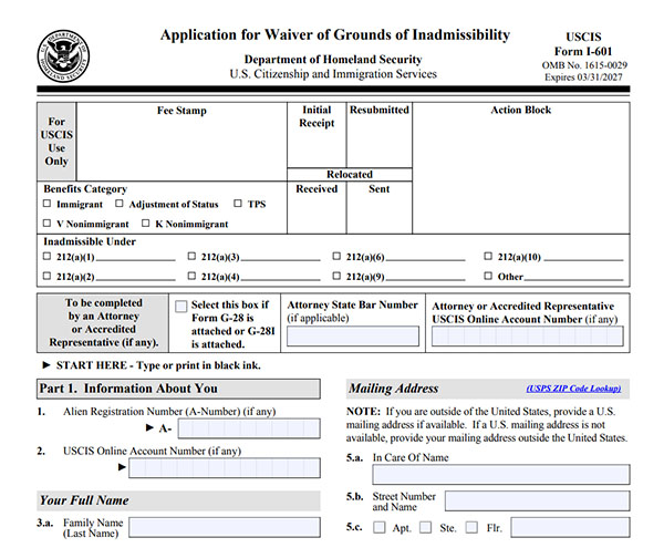 Mẫu đơn xin ân xá I-601